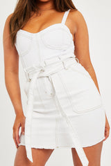White Contrast Stitch Belted Mini Skirt - Neva