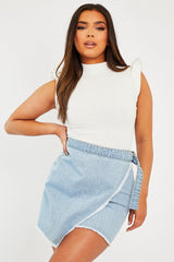 White Ribbed Frill Shoulder Crop Top - Khyla