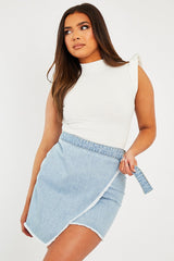 Light Blue Wrap Ring Fastening Denim Mini Skirt - Hestia