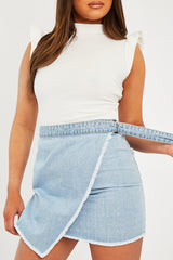 Light Blue Wrap Ring Fastening Denim Mini Skirt - Hestia