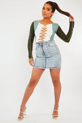 Khaki Colour Block Lace Up Front Crop Top - Bella