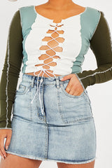 Khaki Colour Block Lace Up Front Crop Top - Bella