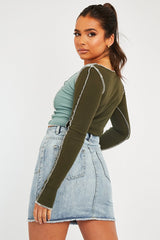 Khaki Colour Block Lace Up Front Crop Top - Bella