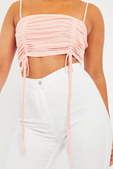 Pink Mesh Ruched Square Neck Crop Top - Leyna