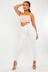Pink Mesh Ruched Square Neck Crop Top - Leyna