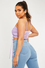 Lilac Mesh Ruched Square Neck Crop Top - Leyna