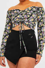 Purple Floral Ruched Centre Bardot Crop Top - Heily