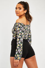 Purple Floral Ruched Centre Bardot Crop Top - Heily