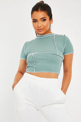 Sage Contrast Stitch Cropped Top - Elna