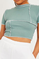 Sage Contrast Stitch Cropped Top - Elna