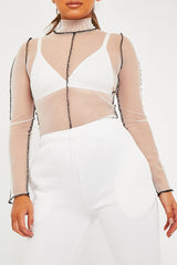 White Mesh Contrast Stitch Long Sleeve Crop Top - Evie
