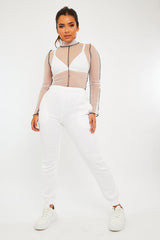 White Mesh Contrast Stitch Long Sleeve Crop Top - Evie
