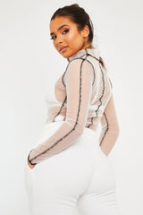 White Mesh Contrast Stitch Long Sleeve Crop Top - Evie