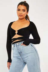 Black Tie Wrap Front Ring Detail Crop Top - Taylor