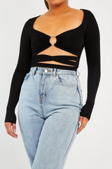 Black Tie Wrap Front Ring Detail Crop Top - Taylor