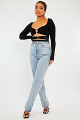 Black Tie Wrap Front Ring Detail Crop Top - Taylor