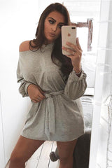 Grey Belted Cold Shoulder Jumper Dress - Elston