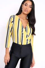 Mustard Striped Wrap Front Plunge Bodysuit - Edie