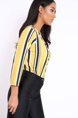 Mustard Striped Wrap Front Plunge Bodysuit - Edie