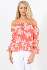 Coral Floral Cold Shoulder Top - Edina