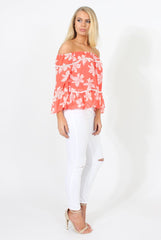 Coral Floral Cold Shoulder Top - Edina