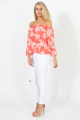 Coral Floral Cold Shoulder Top - Edina