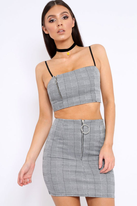 Grey Tartan Crop Top and Skirt Co-ord - Edina