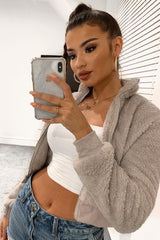 Grey Zip Front Faux Fur Crop Jacket - Perri