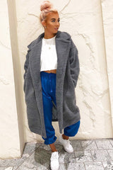 Grey Teddy Long Double Breasted Coat - Miriam