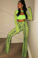 Neon Green Snake Print Flared Trousers - Mianna