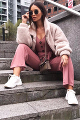 Mauve Rib V Neck Button Front Jumpsuit - Cassandra