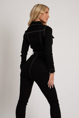 Black Long Sleeve Contrast Stitch Jumpsuit - Jan