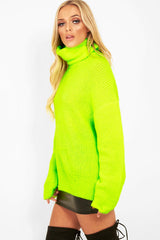 Neon Lime Green Roll Neck Jumper Dress - Freylynn