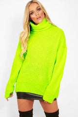 Neon Lime Green Roll Neck Jumper Dress - Freylynn