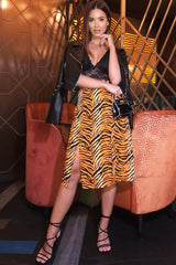 Orange Tiger Print Split Front Midi Skirt - Jayne