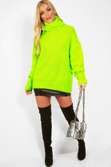 Neon Lime Green Roll Neck Jumper Dress - Freylynn