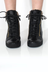 Ednas Black Snakeskin Gold Plate Wedged Trainers