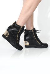 Ednas Black Snakeskin Gold Plate Wedged Trainers