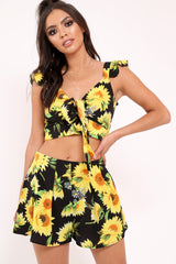 Black And Yellow Floral Tie Front Crop Top and Short Co-ord - Edris