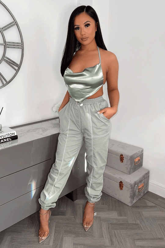 Sage Satin Bandana Halter Crop Top - Talisa