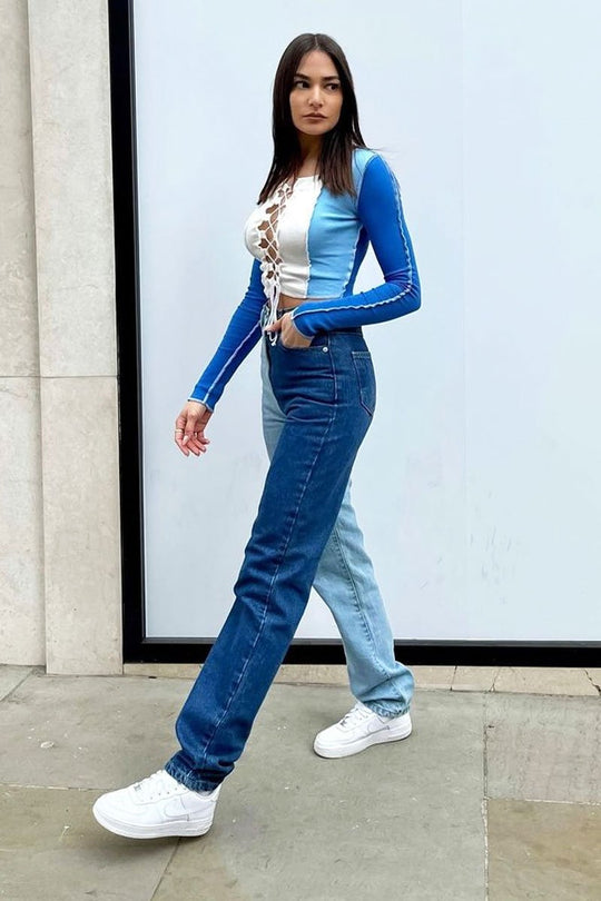 Blue Splice Two Tone Straight Jeans - Aaisha