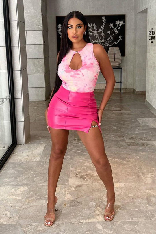 Hot Pink Slide Split Embellished PU Mini Skirt - Tanni