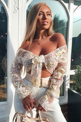 White Yellow Mesh Floral Tie Front Crop Top - Elana