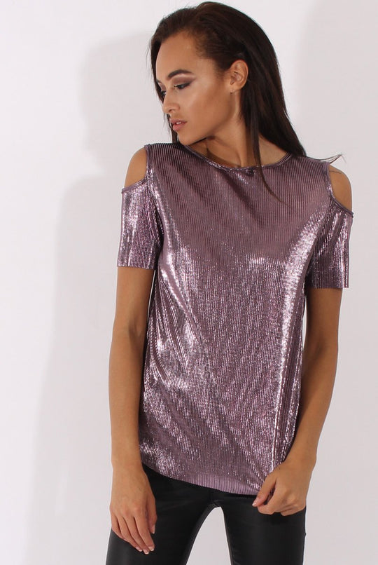 Purple Metallic Pleated Cold Shoulder Top - Elara