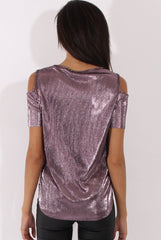 Purple Metallic Pleated Cold Shoulder Top - Elara