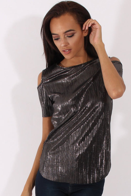 Black Metallic Pleated Cold Shoulder Top - Elara