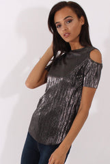 Black Metallic Pleated Cold Shoulder Top - Elara