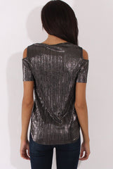 Black Metallic Pleated Cold Shoulder Top - Elara
