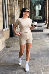 Beige Knit Crop Top Shorts Loungewear Set - Sofiah