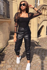 Black Ruched Body Mesh Sleeve Bodysuit - Amylee